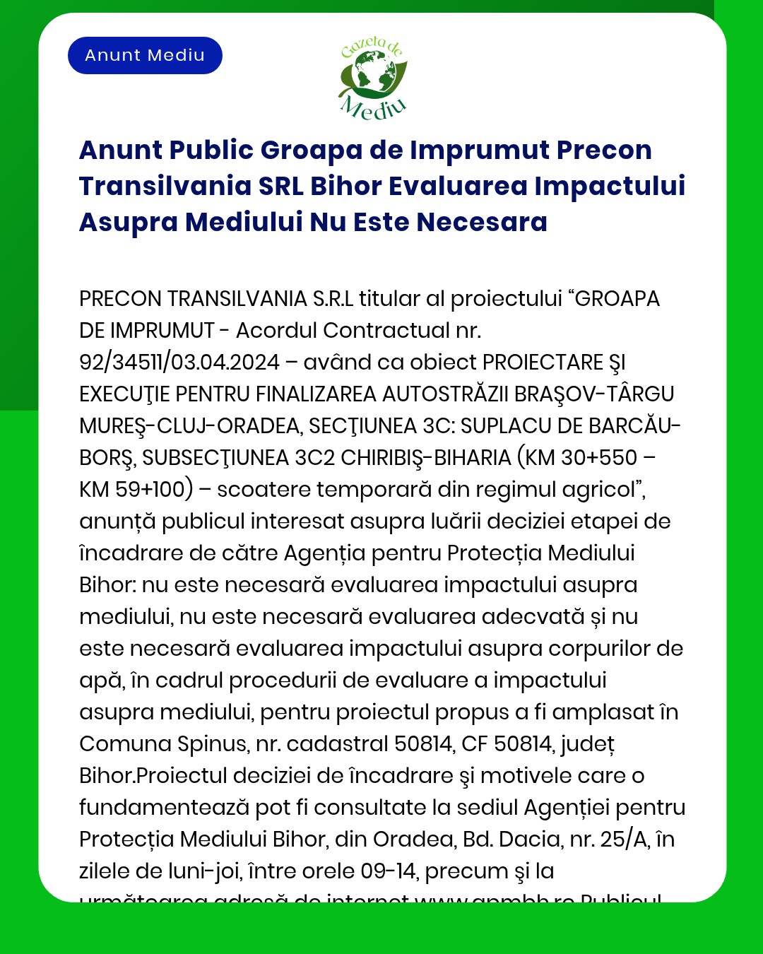Anunt Public Groapa de Imprumut Precon Transilvania SRL Bihor Evaluare
