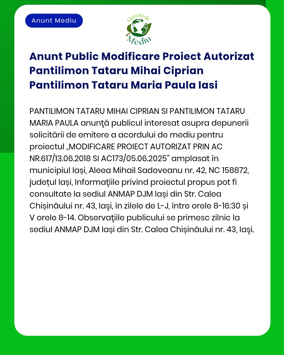 Anunt Public Modificare Proiect Autorizat Pantilimon Tataru Mihai Cipr