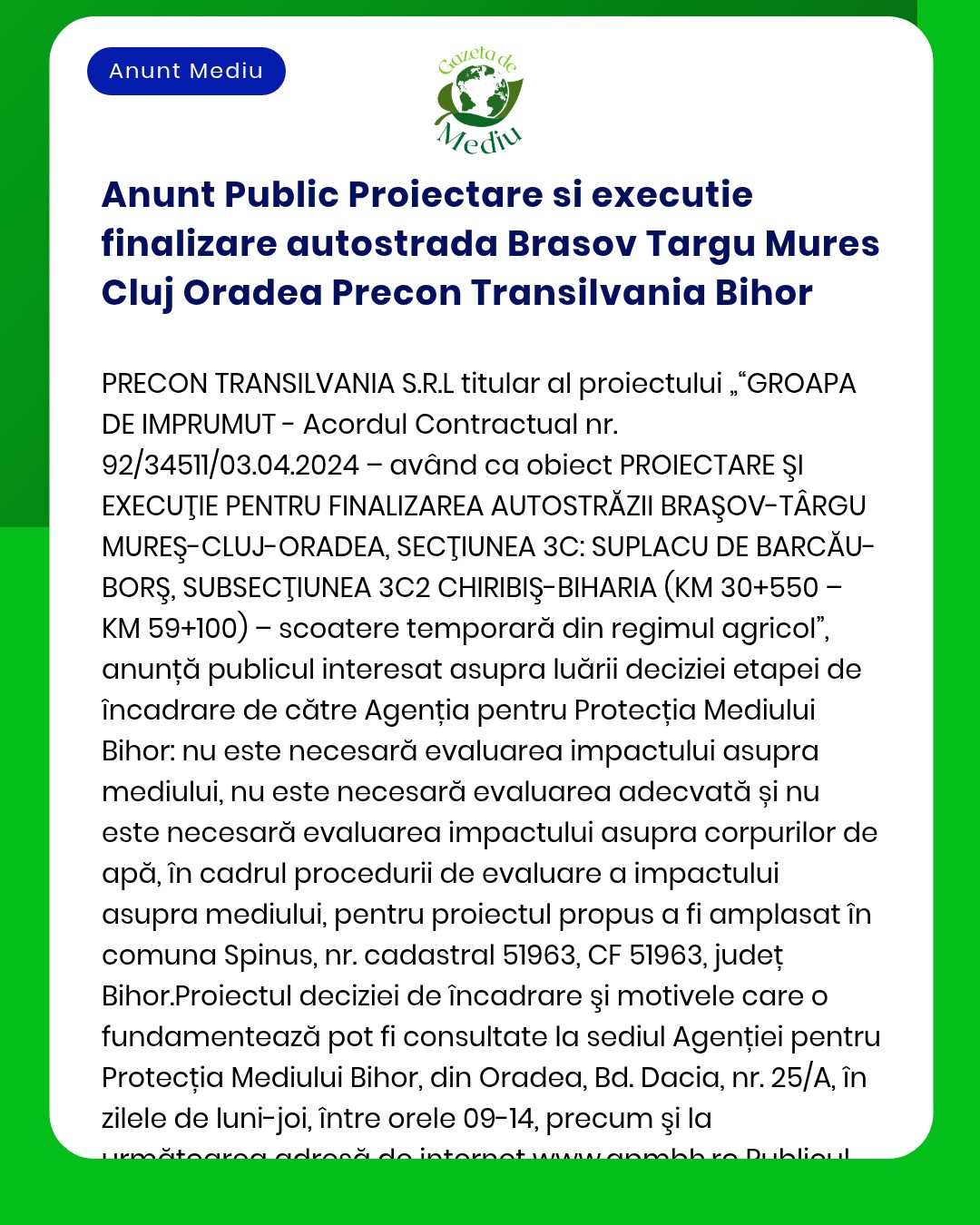 Anunt Public Proiectare si executie finalizare autostrada Brasov Targu