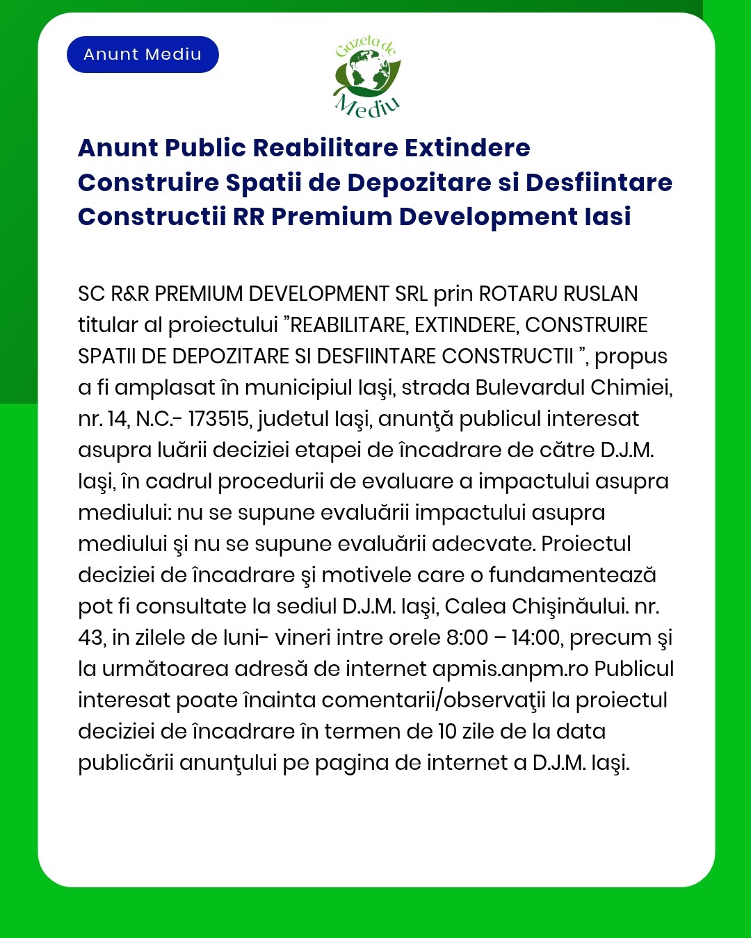 Anunt Public Reabilitare Extindere Construire Spatii de Depozitare si