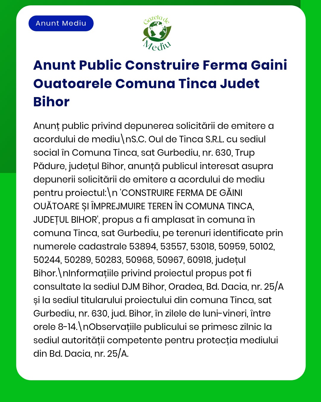 Anunț privind solicitarea avizului APM pentru fermă de păsări în Tinca, Bihor, cu numere de parcele și detalii proiect.