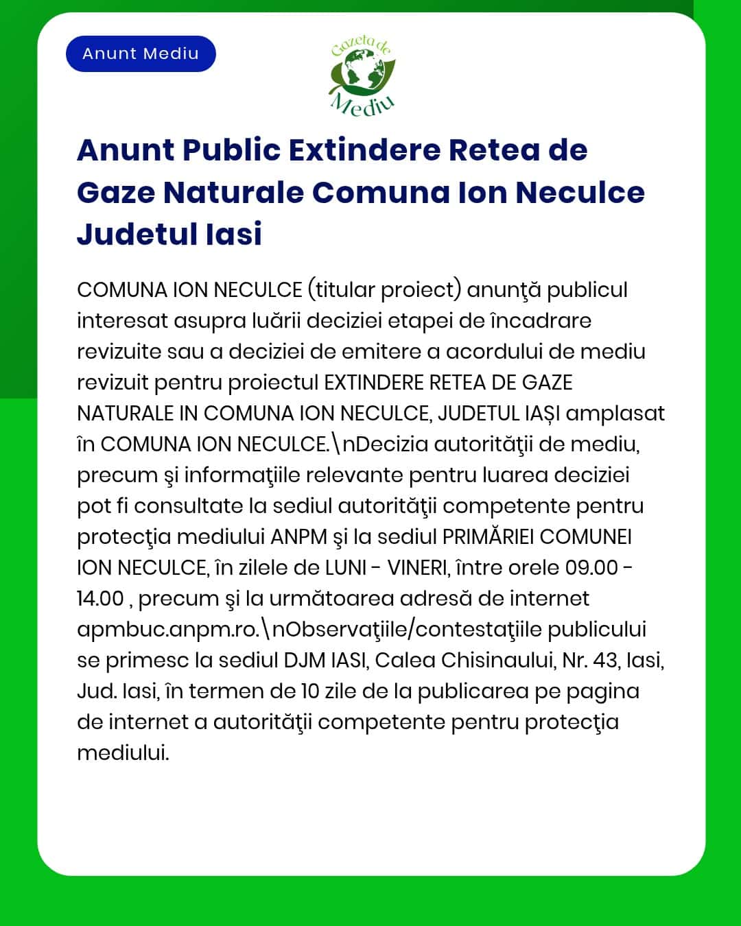 Extinderea rețelei de gaze naturale în Comuna Ion Neculce, județul Iași.