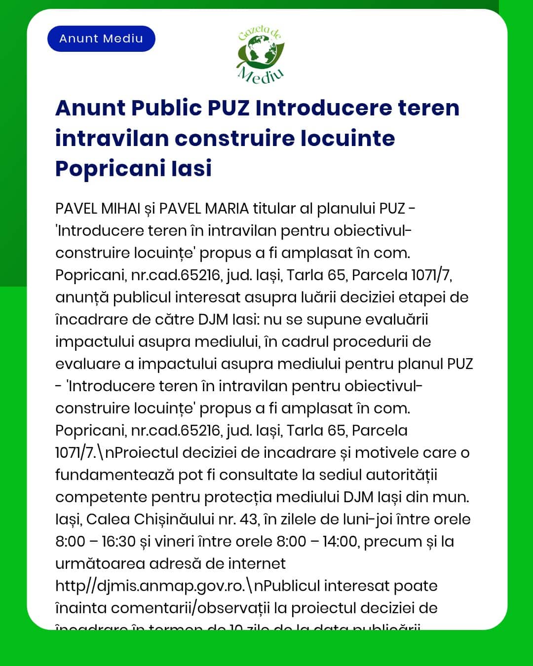 Propunere introducere terenuri pentru construcții de locuințe în Popricani, Iași, cu număr de parcelă specificate.