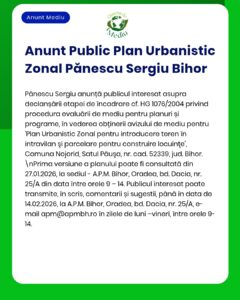 Plan Urbanistic Zonal pentru introducerea terenului în Oradea, Bihor, România, cu informații despre perioadele de consultare a documentelor.