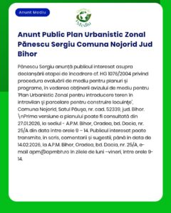Anunț despre un plan urbanistic zonal în Nojorid, județul Bihor, cu data și locații pentru consultarea documentelor.
