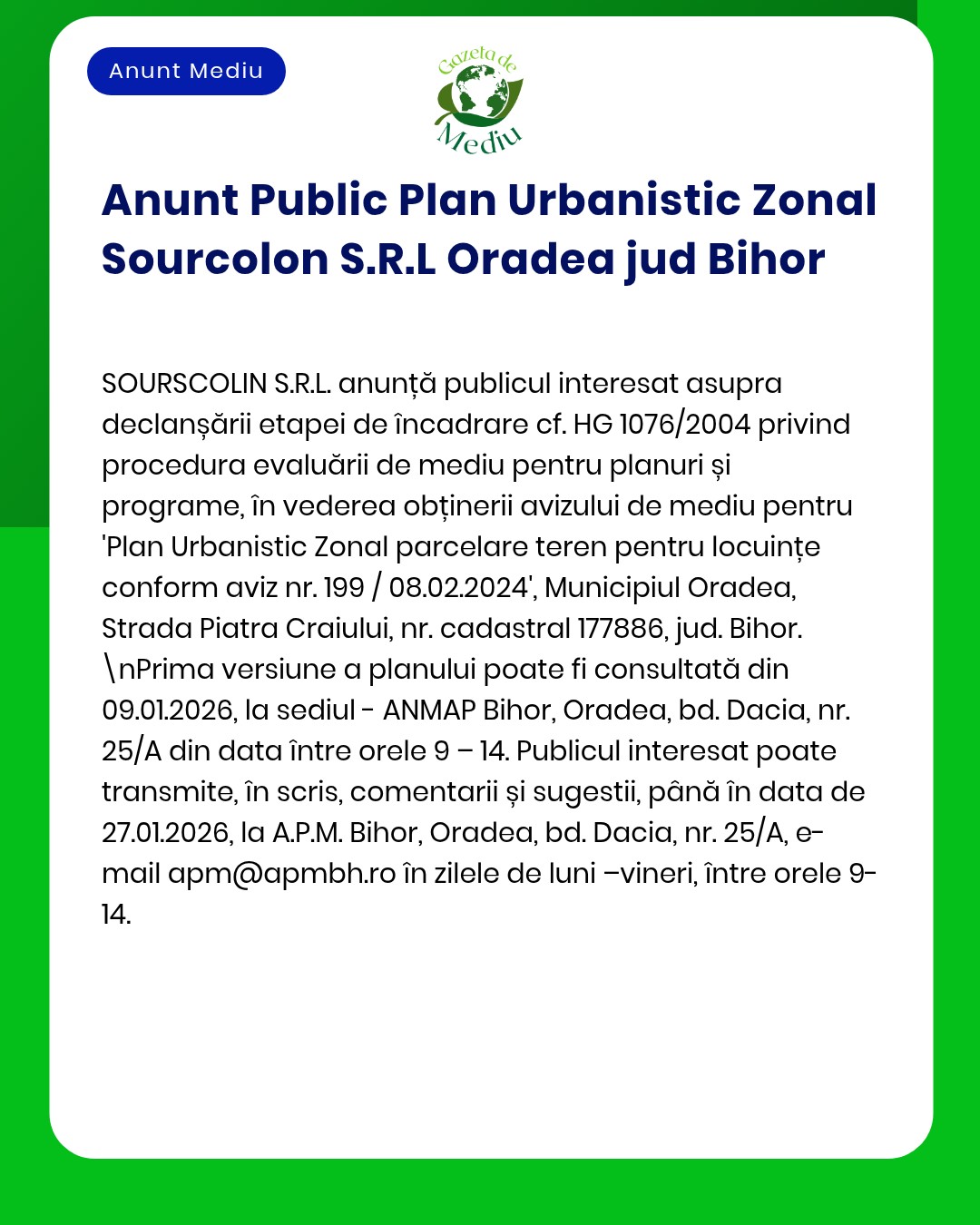 Anunț privind propunerea unui proiect de urbanism în Oradea.