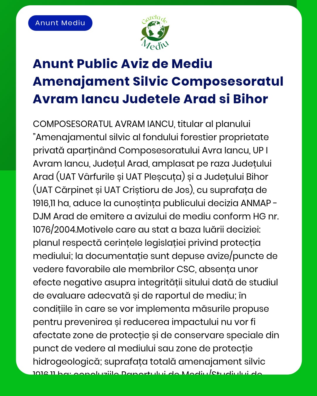 Anunt Public Aviz de Mediu Amenajament Silvic Composesoratul Avram Ian