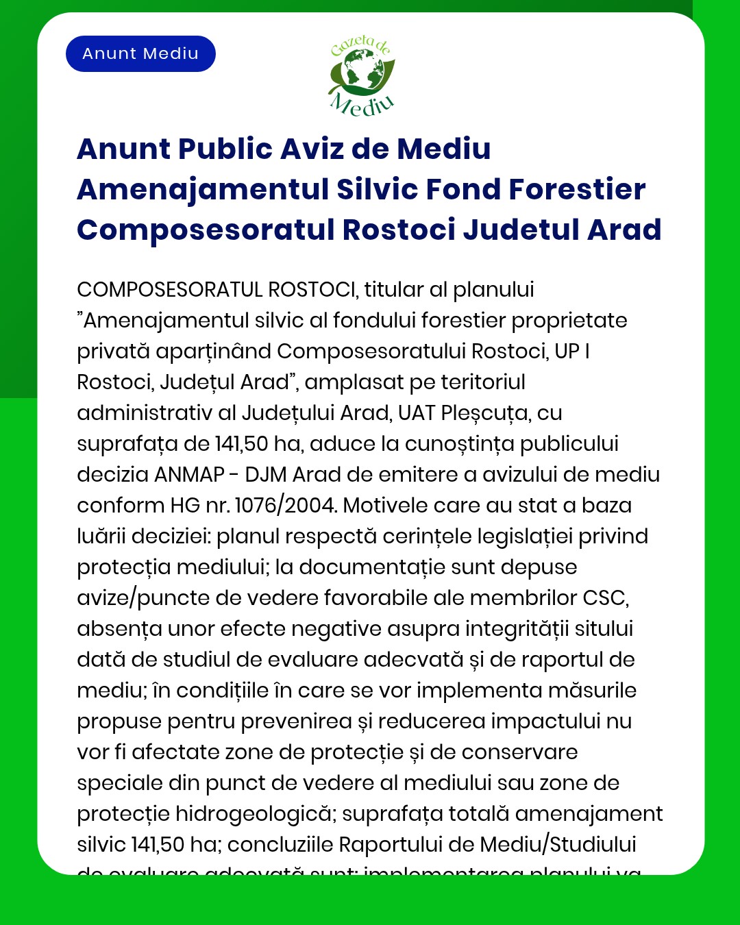 Anunt Public Aviz de Mediu Amenajamentul Silvic Fond Forestier Compose