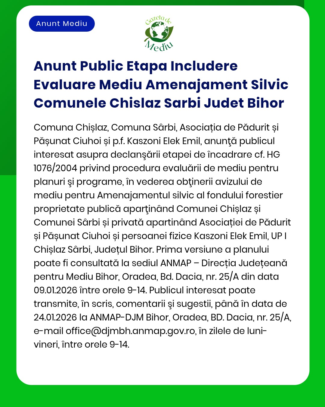 Anunt Public Etapa Includere Evaluare Mediu Amenajament Silvic Comunel