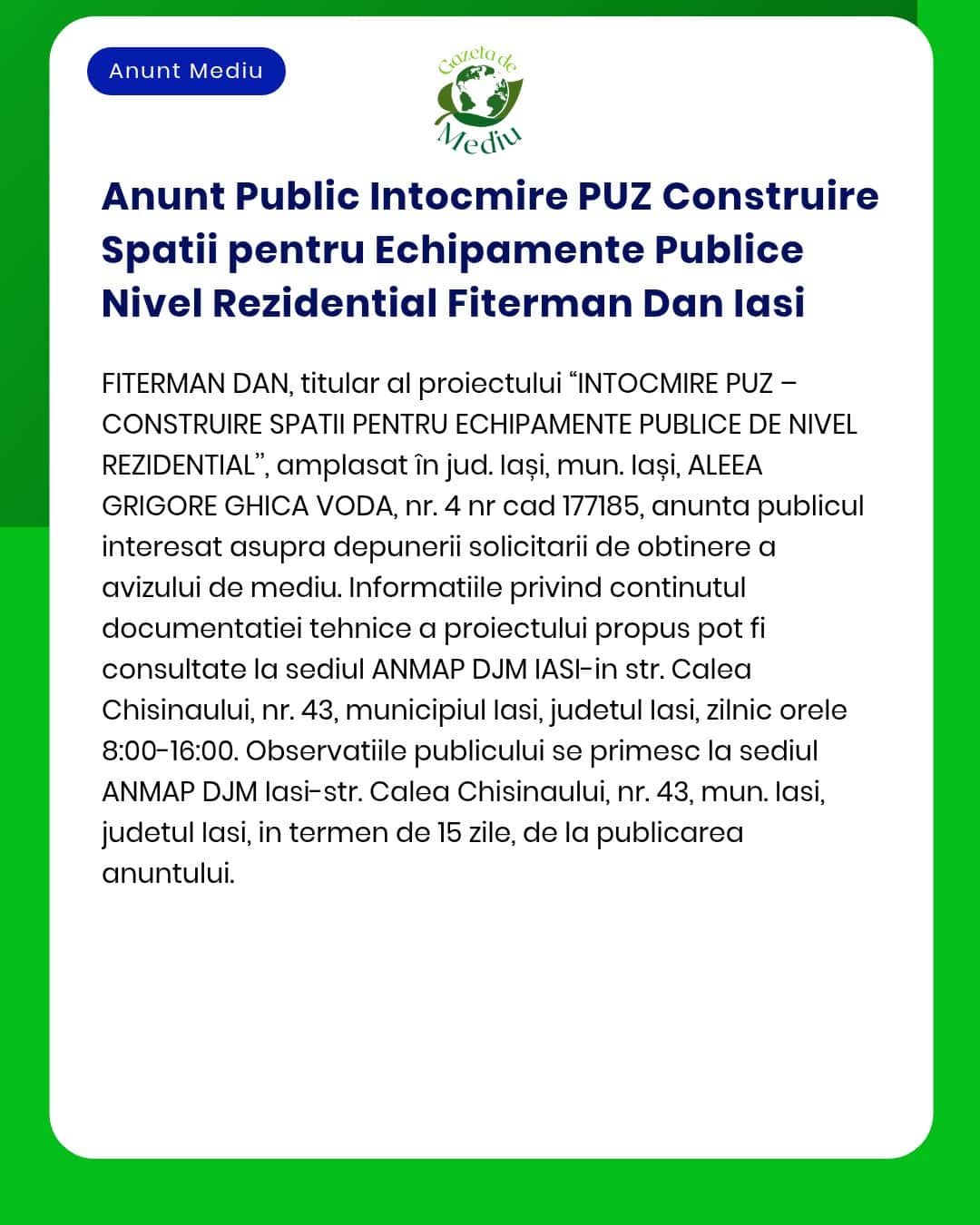 Anunt Public Intocmire PUZ Construire Spatii pentru Echipamente Public