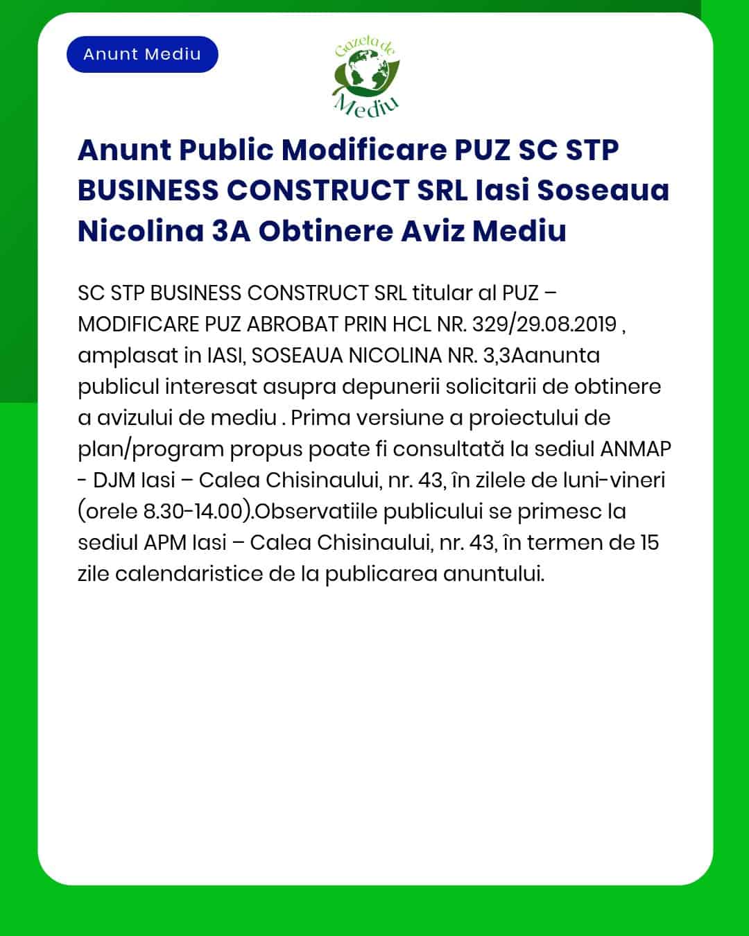 Anunt Public Modificare PUZ SC STP BUSINESS CONSTRUCT SRL Iasi Soseaua