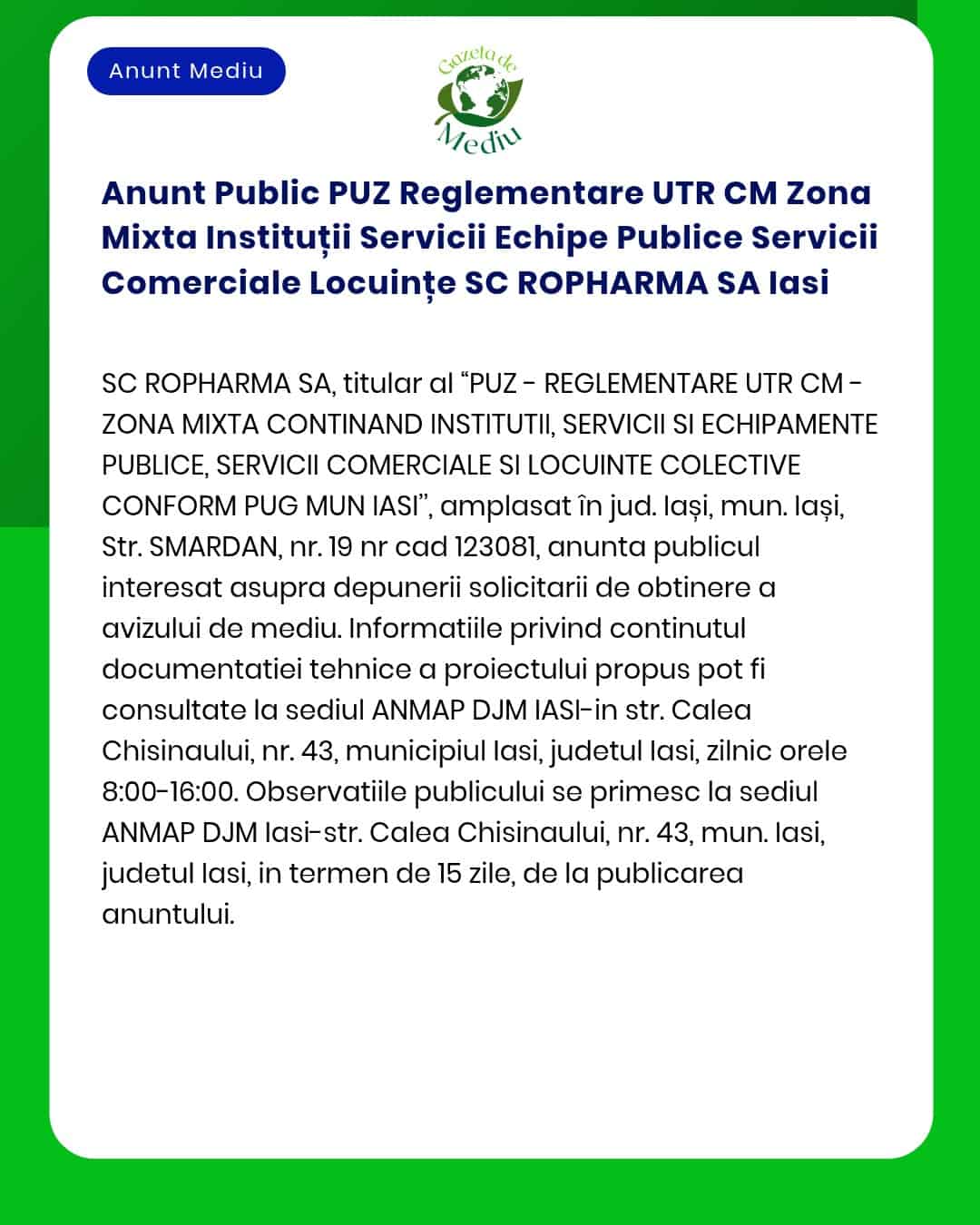 Anunt Public PUZ Reglementare UTR CM Zona Mixta Instituții Servicii Ec