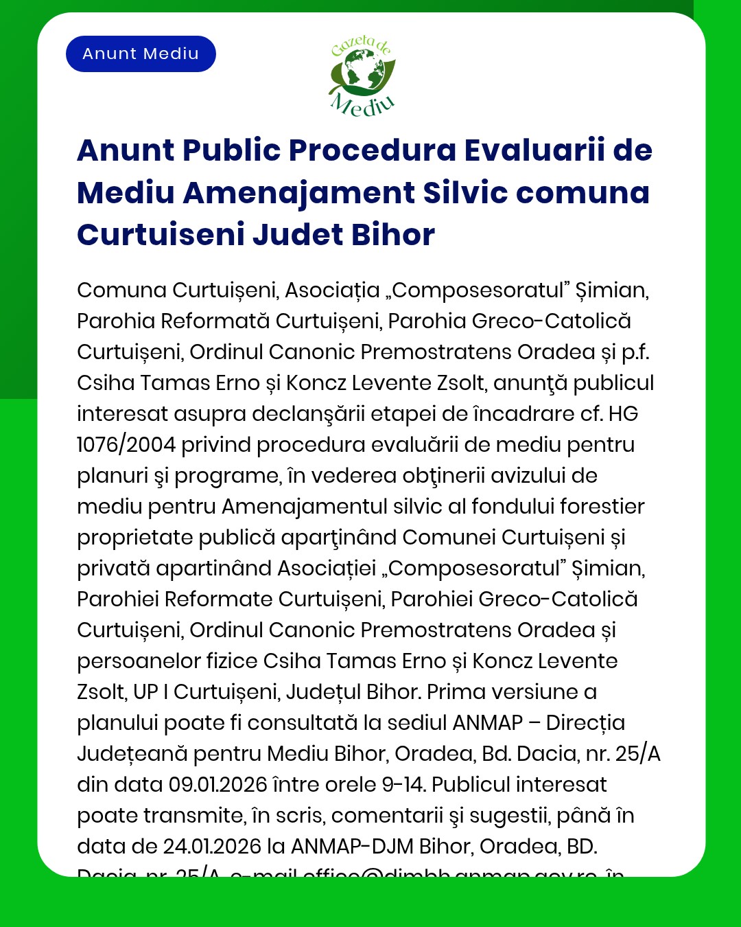 Anunt Public Procedura Evaluarii de Mediu Amenajament Silvic comuna Cu