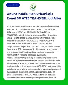 Anunț privind Planul Urbanistic Zonal pentru Ates Trans SRL în Alba, cu detalii despre locație și obiective.