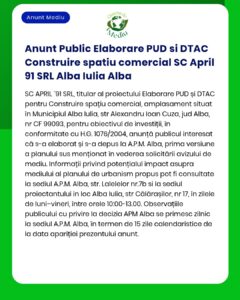 Anunt public elaborare PUD si DTAC construire spatiu comercial SC Apri