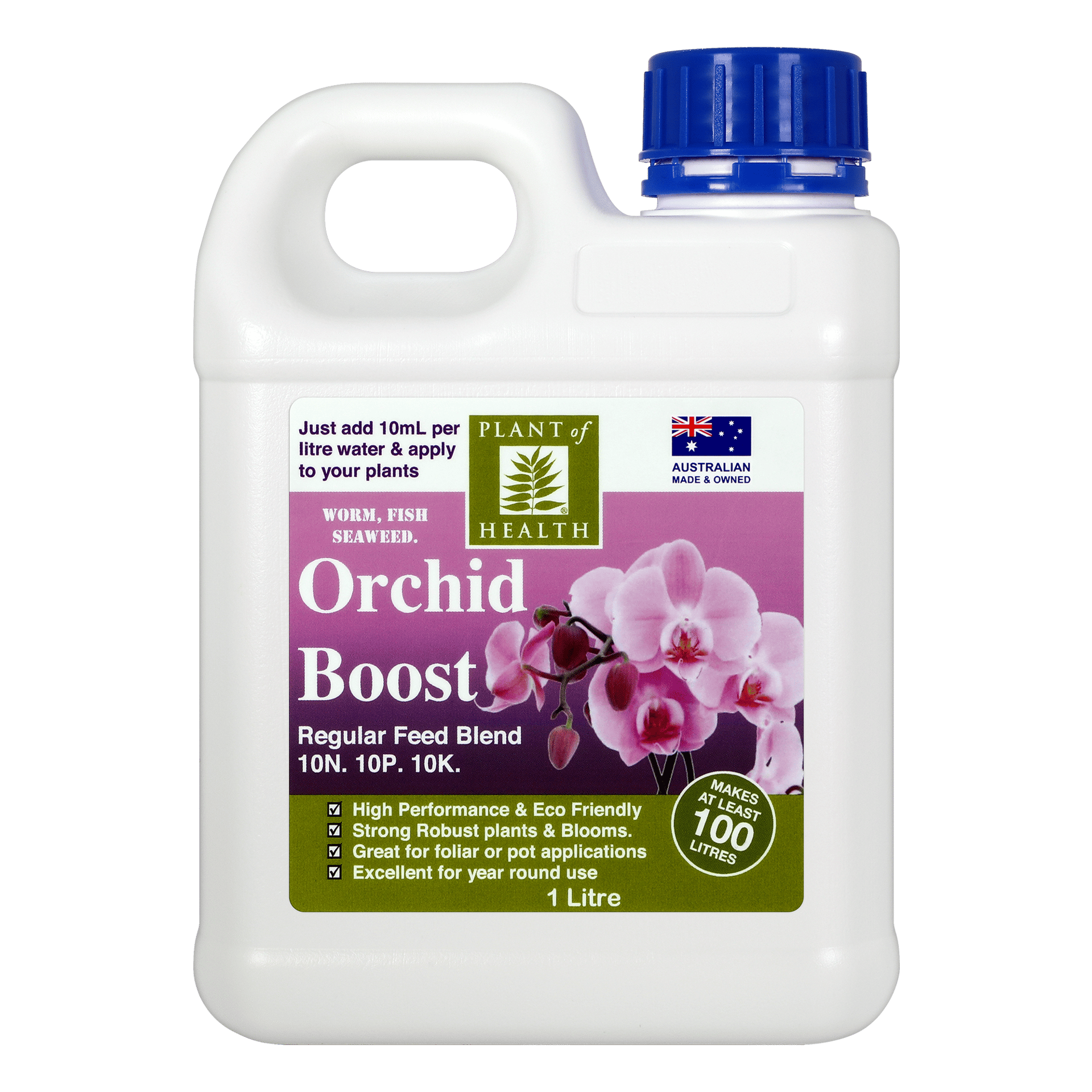 Orchid Boost 1 Litre liquid fertiliser bottle for orchid growth and plant nutrition