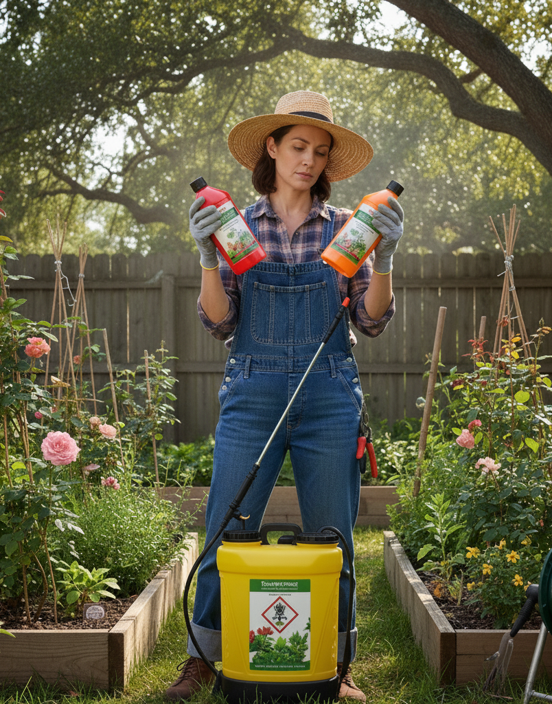 female gardener holding 2 bottles