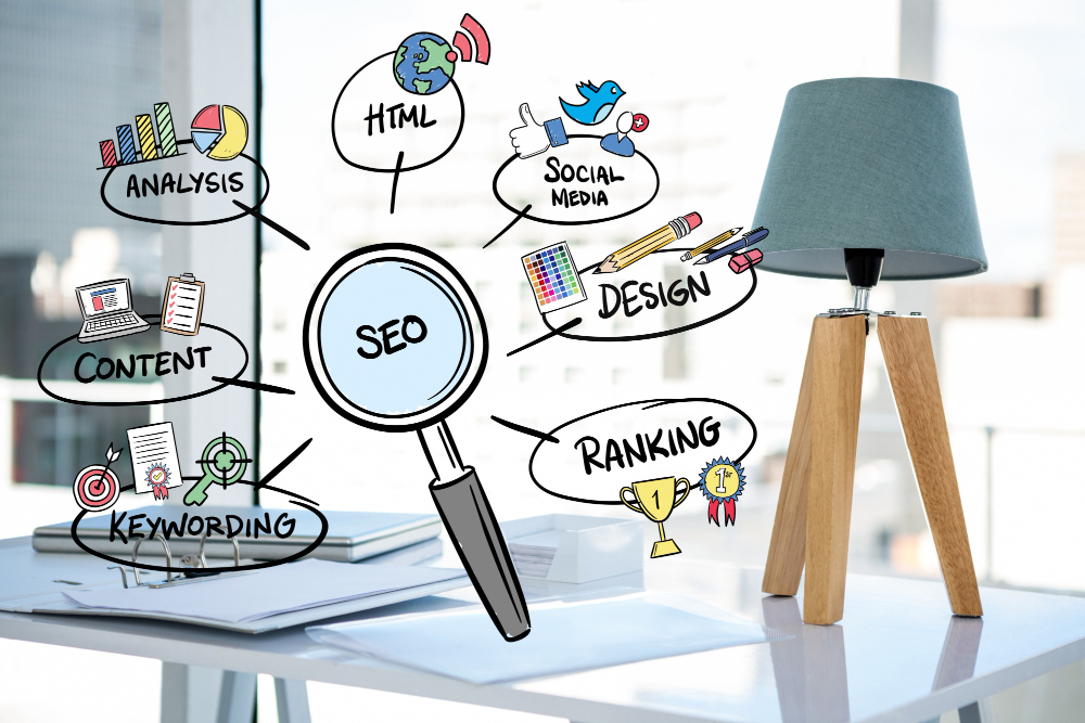 magnifying glass with seo concepts Magnifying glass with seo concepts