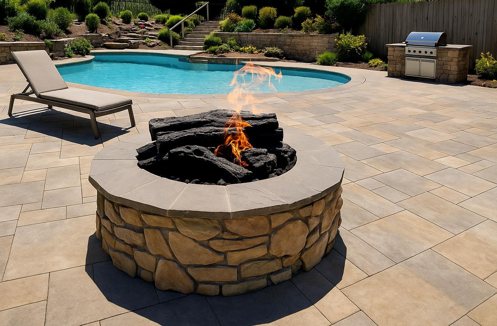 A backyard patio with pool in background and a gas fire pit and BBQ.