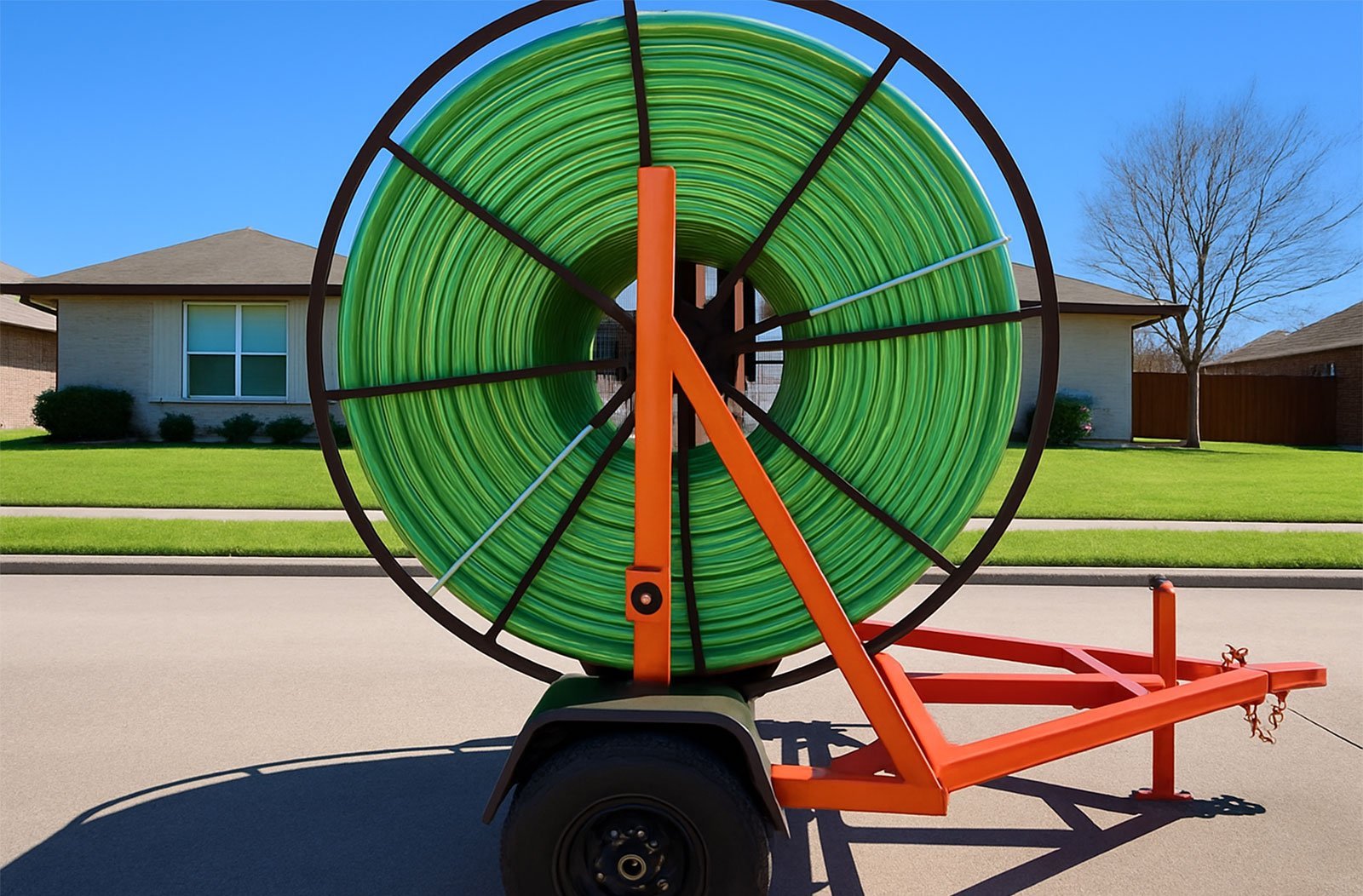A large roll of HDD green conduit on a rack sitting on a road. Houses in a neighborhood in the background