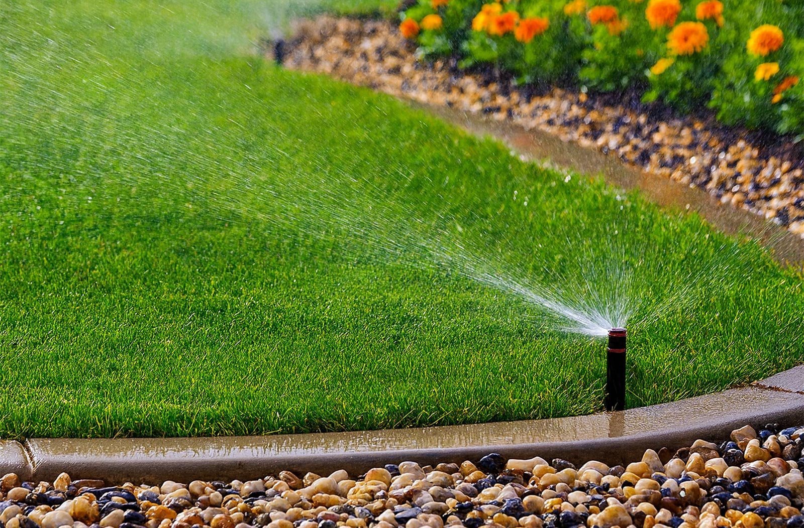 Irrigation nozzle watering a lush green awn and flower bed
