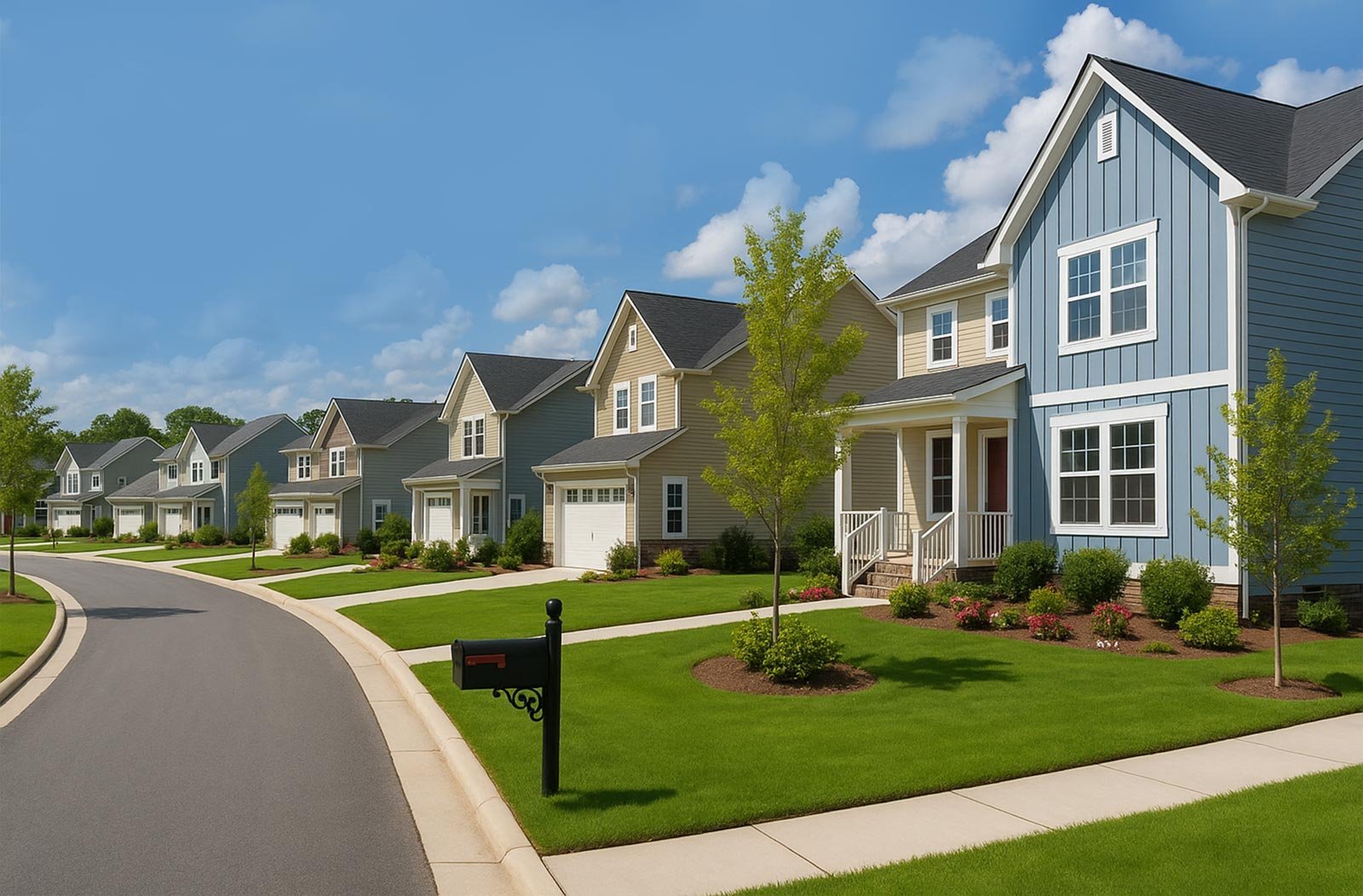 New residential neighborhood showing street and sidewalk with a row of houses on the right side