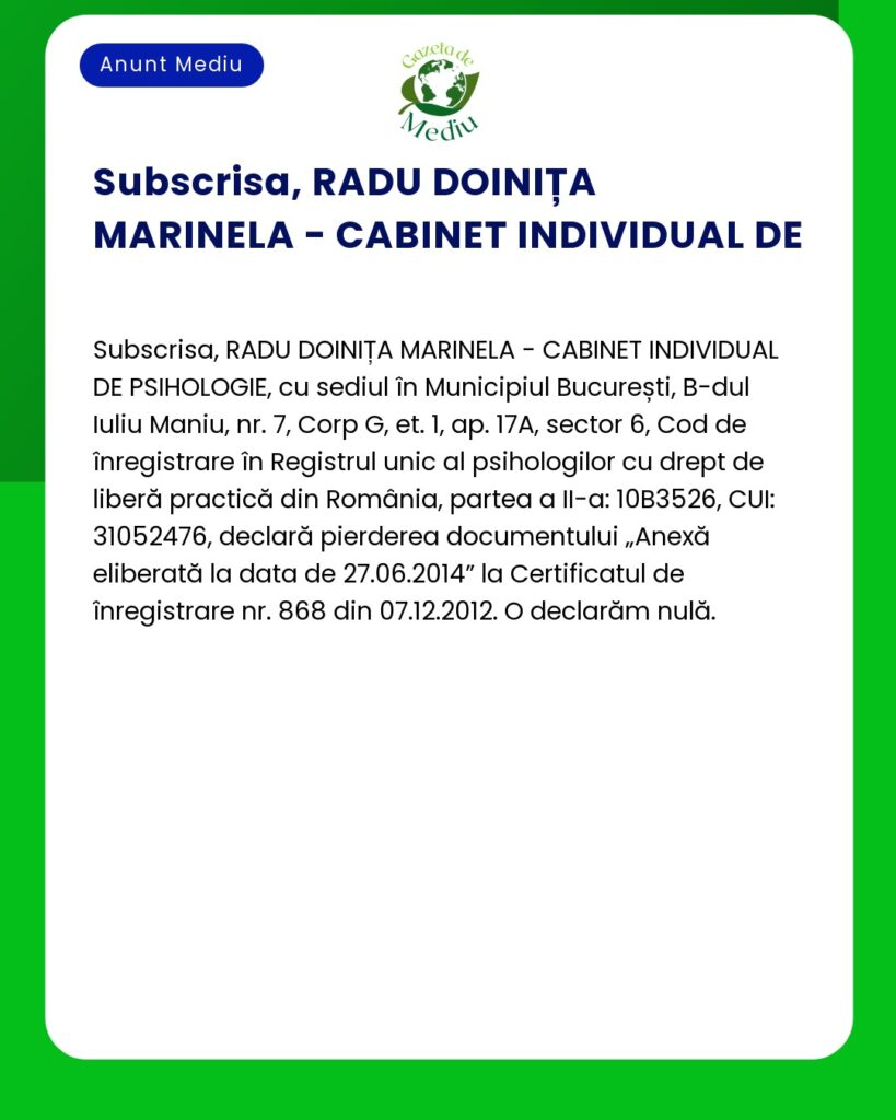 Pierdere document anexă la Certificat de înregistrare nr. 868 din 07.1