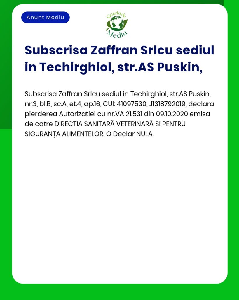Declaratie pierdere Autorizatie VA 21.531 emisa de Directia Sanitara V