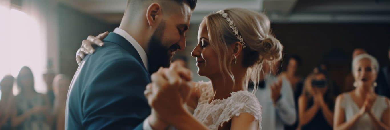 Bei einem romantischen Hochzeitsempfang tanzt ein Paar eng beieinander, lächelt und blickt einander in die Augen, während die Gäste im Hintergrund klatschen.