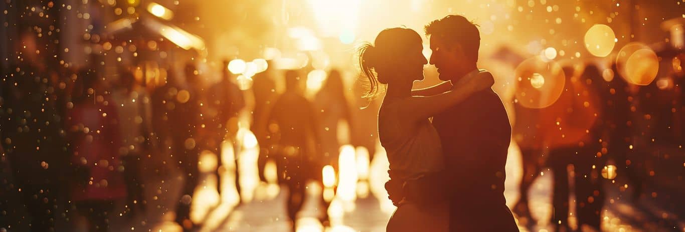 Die Silhouette eines Paares umarmt sich vor einem goldenen, sonnenbeschienenen Hintergrund während einer lebhaften Hochzeit, an der Menschen vorbeigehen.