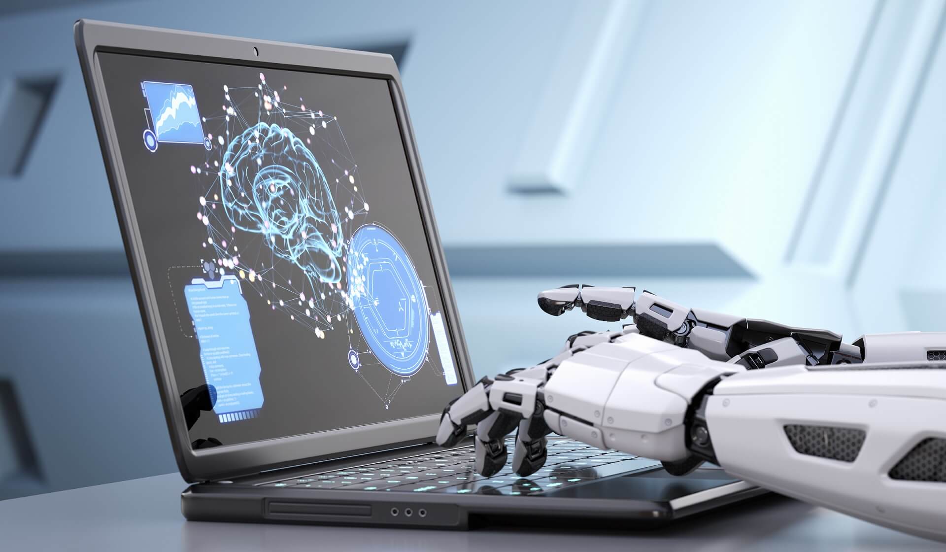 A DigiComet robotic hand types on a laptop keyboard. The laptop screen displays complex digital graphics, including neural networks and data charts, suggesting analysis or artificial intelligence work. The background is a sleek, futuristic setting.