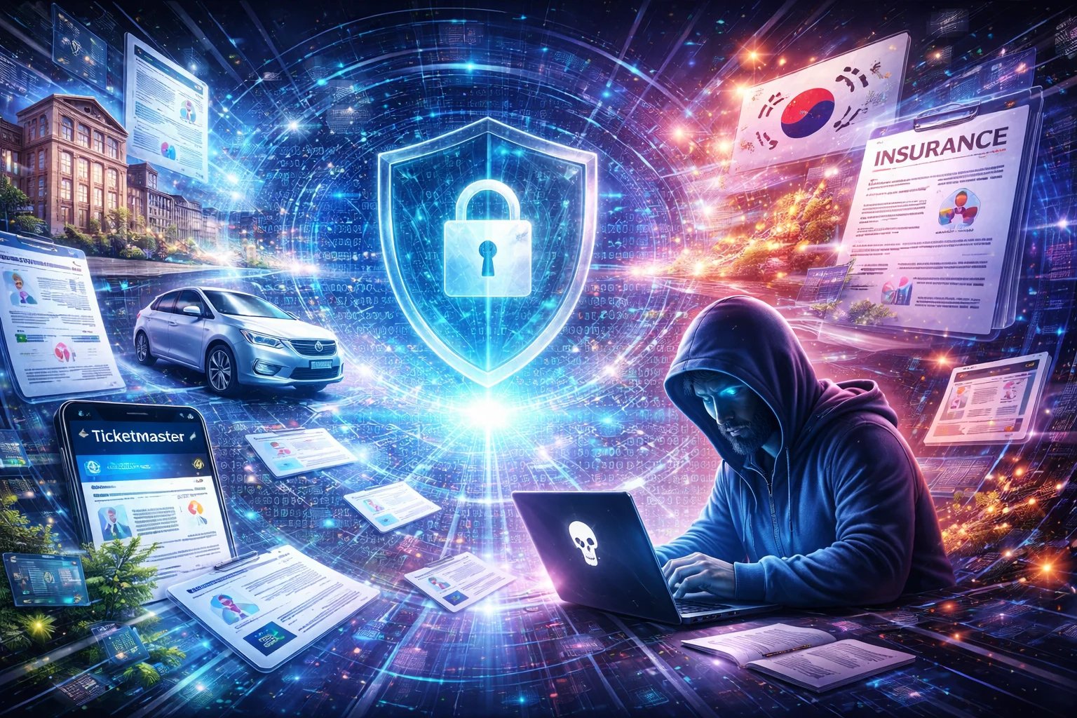 Imagem horizontal, realista e futurista, representando o tema da segurança da informação e vazamento de dados. No centro, há um escudo digital luminoso com um cadeado, simbolizando proteção de dados. Ao redor, fluxos de códigos binários, documentos digitais e telas holográficas flutuam, sugerindo circulação de informações sensíveis. À direita, um hacker encapuzado usando um notebook representa ameaças cibernéticas. À esquerda e ao fundo, aparecem elementos como interfaces de sistemas, registros de dados, setor corporativo, educação, e-commerce, transporte e seguros, conectados de forma fluida por linhas de energia digital, reforçando o impacto transversal dos vazamentos de dados em diferentes setores da sociedade.