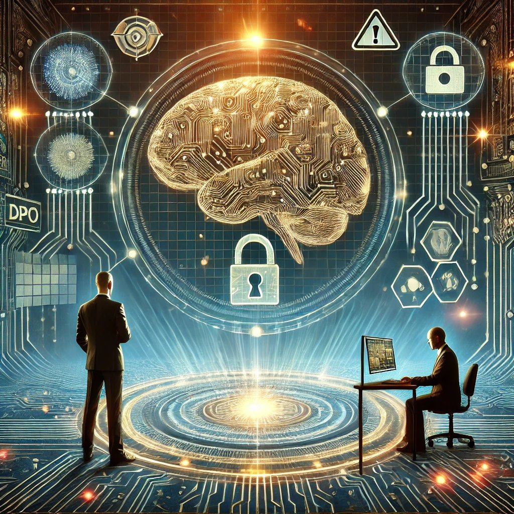 Ilustração conceitual de um DPO conduzindo um treinamento de segurança de dados. A imagem mostra um cérebro humano cercado por circuitos e cadeados digitais, com uma interface holográfica exibindo gráficos de privacidade.