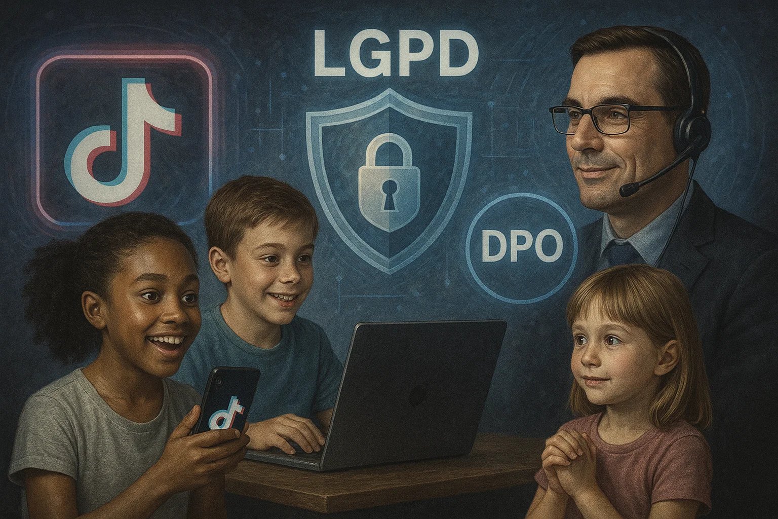 Ilustração futurista e realista, em formato horizontal, com crianças interagindo em um ambiente digital que destaca o logotipo do TikTok, ícones de segurança da informação, referências à LGPD e a presença de um DPO, representando proteção de dados e privacidade infantil.