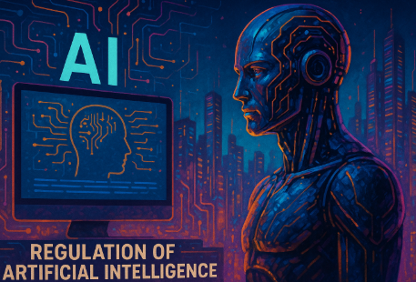 Ilustração futurística em estilo cyberpunk mostrando uma cidade iluminada por neon, com humanos e robôs interagindo sob um holograma de balança digital que simboliza o equilíbrio entre inovação e regulação da inteligência artificial.