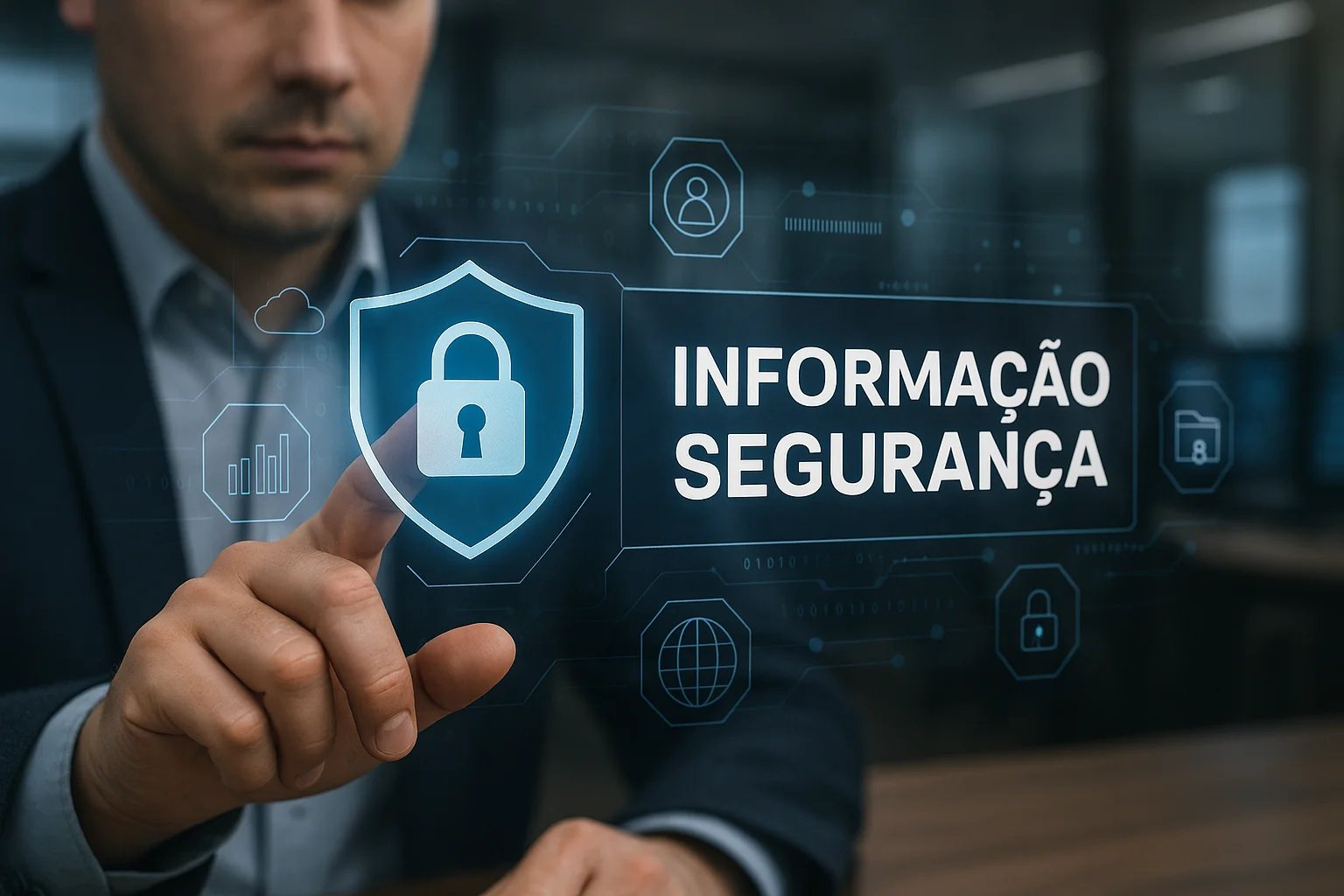 Homem em terno interage com tela holográfica exibindo ícone de cadeado e o texto 'Informação Segurança', representando proteção de dados e segurança da informação em ambiente corporativo futurista.