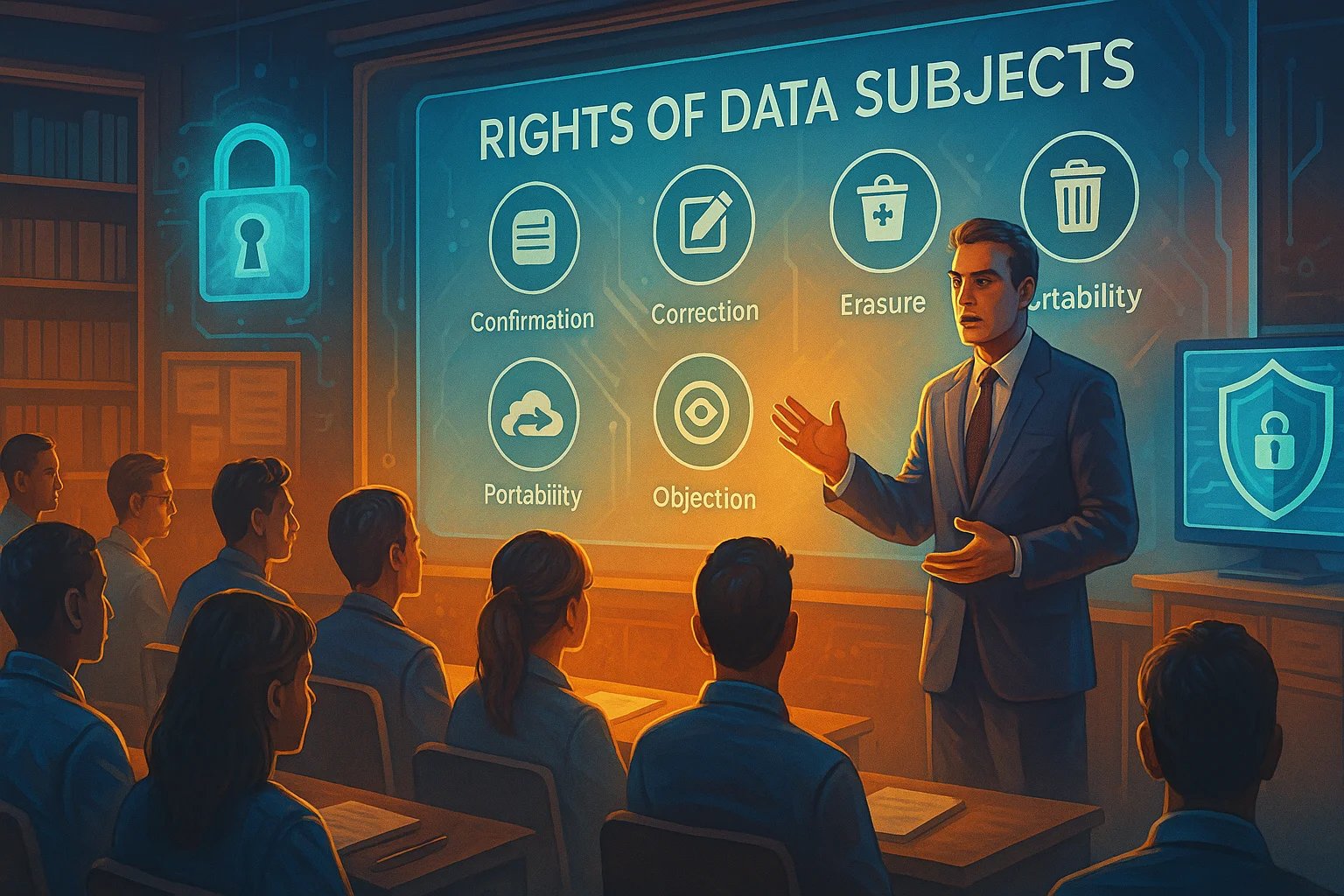 Imagem futurista mostra uma pessoa acessando hologramas que representam os direitos dos titulares de dados pessoais da LGPD, como consentimento, acesso, correção e exclusão, em um ambiente digital e iluminado.