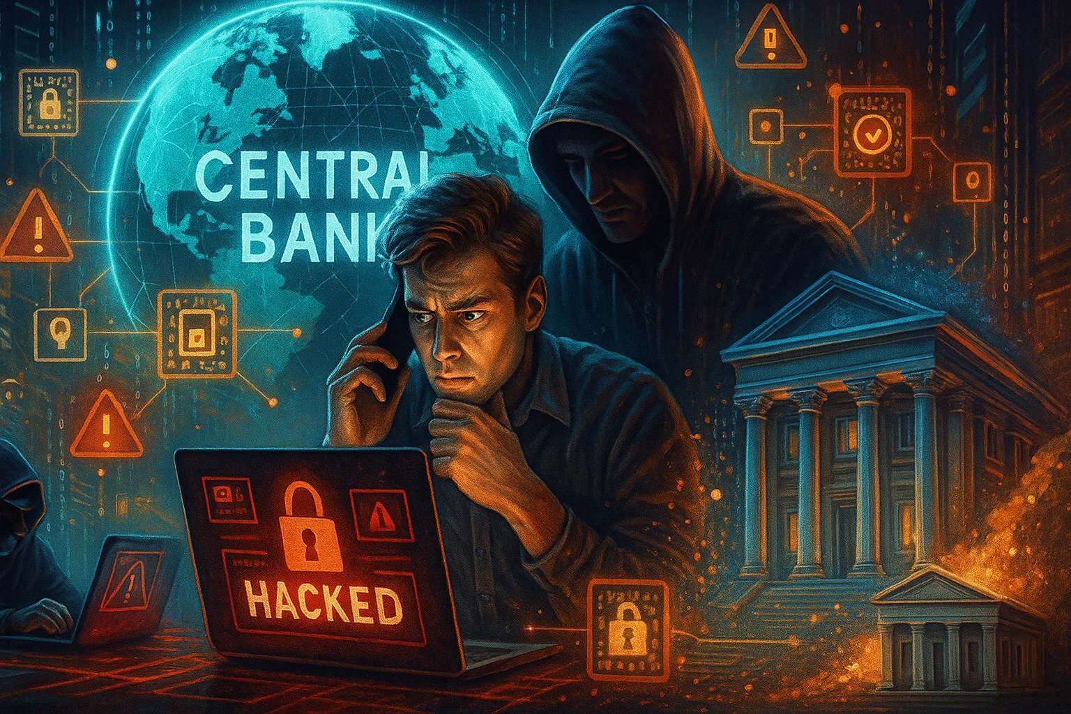 Imagem futurista mostra uma cena de ataque hacker ao Banco Central, com códigos digitais em segundo plano e vigilância global. No centro, uma figura encapuzada representa a engenharia social, conectada a sistemas bancários e redes mundiais. O cenário é tecnológico, sombrio e realista