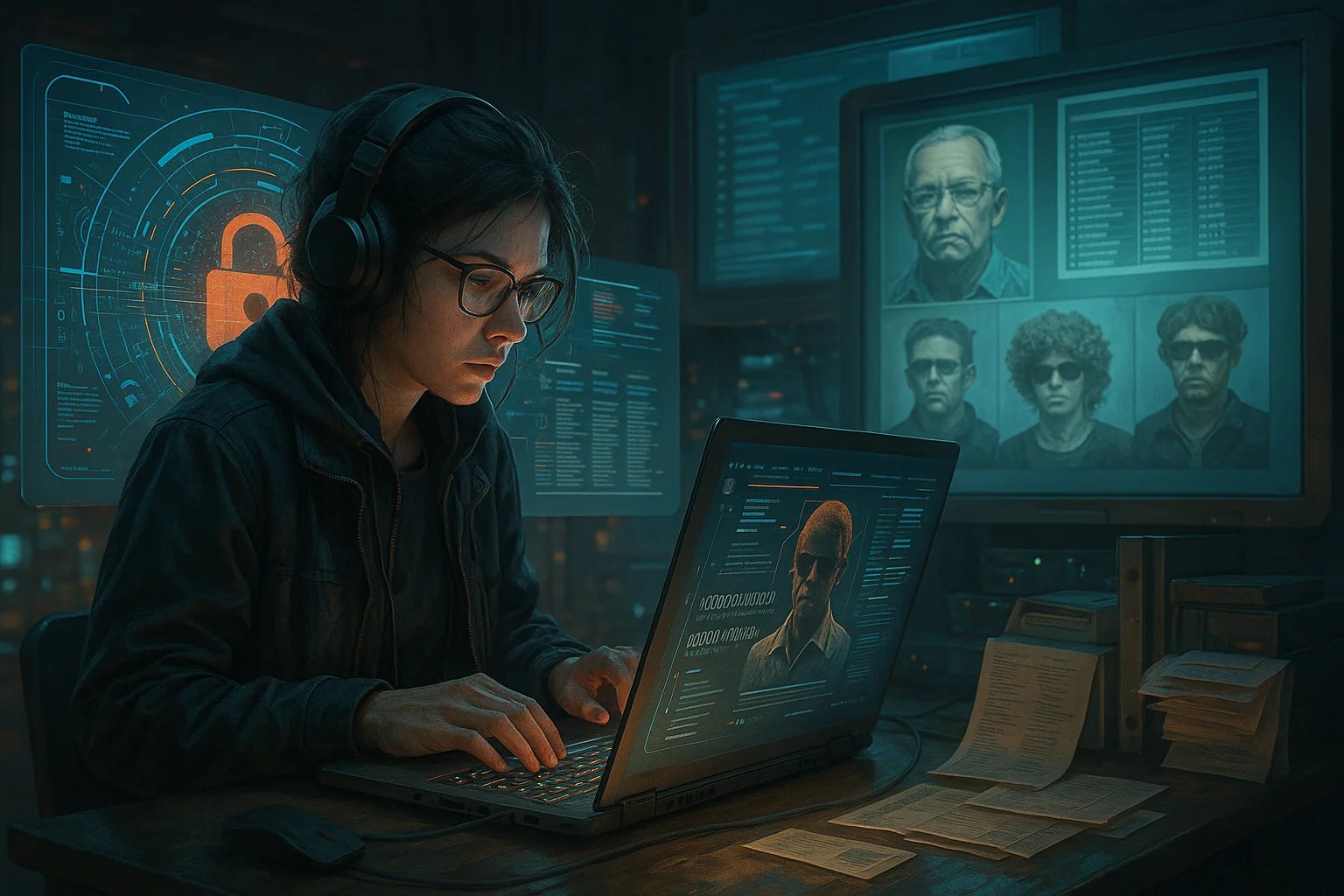 Uma jovem em um ambiente tecnológico futurista trabalha concentrada em um laptop iluminado por telas holográficas. Ela veste um casaco escuro com capuz e usa fones de ouvido grandes, enquanto observa atentamente os dados projetados à sua frente. No fundo, aparecem monitores exibindo rostos de suspeitos e listas de informações, sugerindo uma investigação ou operação contra crimes cibernéticos. A cena é realista e detalhada, com iluminação em tons de azul e laranja que reforçam o clima tenso e de alta tecnologia.