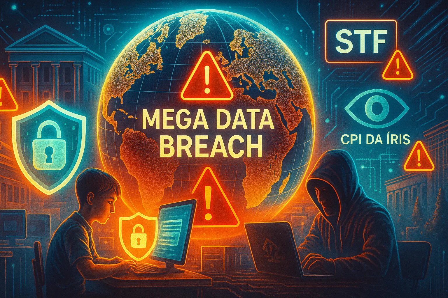 Imagem futurista retrata o impacto de um megavazamento de dados, com ícones de alerta ligados ao STF, Correios, CPI da Íris e escolas, destacando a proteção de dados em ambiente educacional e institucional.