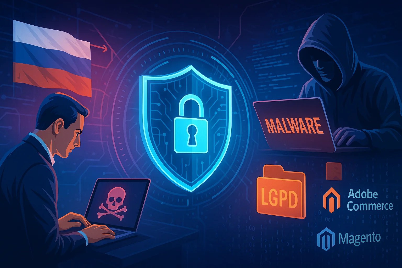 A imagem mostra uma cena digital futurista e colorida, representando o universo da cibersegurança. No centro, há um escudo luminoso com um cadeado holográfico simbolizando proteção de dados. À esquerda, um homem de terno trabalha em um laptop com uma tela exibindo um ícone de perigo, enquanto uma bandeira da Rússia aparece ao fundo, sugerindo a origem de ataques cibernéticos. À direita, um hacker encapuzado digita em outro computador, com a palavra “MALWARE” destacada em vermelho. Ícones da LGPD, Adobe Commerce e Magento completam a composição, em meio a um cenário digital repleto de circuitos e luzes azuladas.