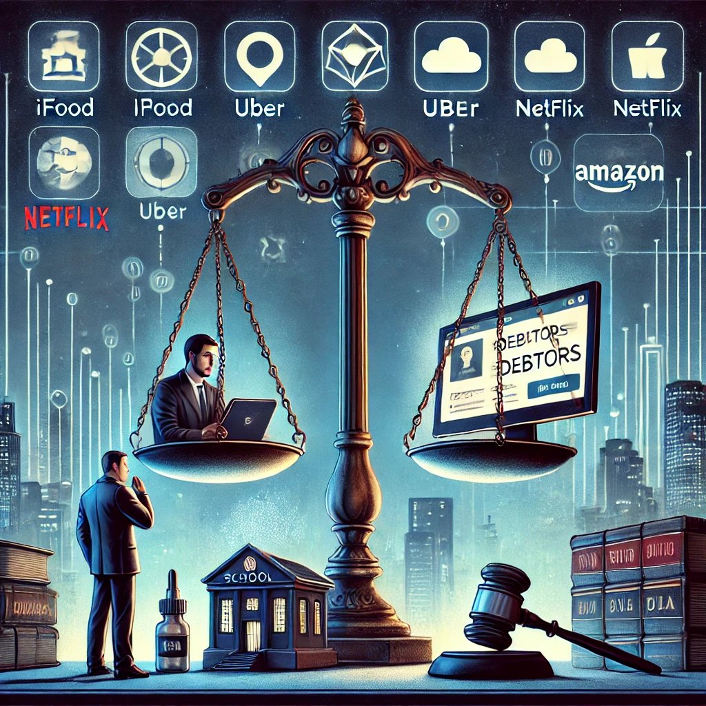 Ilustração conceitual mostrando uma balança da justiça onde, de um lado, um administrador escolar usa o computador para consultar dados de aplicativos como iFood, Uber e Netflix à procura de devedores; do outro lado, uma pessoa comum com expressão surpresa ao lado de ícones de apps. Ao fundo, uma cidade digital com códigos binários e símbolos de tecnologia.