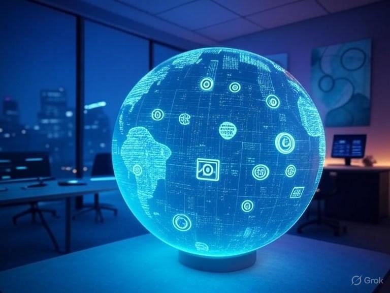 Uma esfera holográfica futurista brilha em tons de azul neon, exibindo um mapa global entrelaçado com ícones de segurança e dados, simbolizando a governança em privacidade e o papel do DPO. O cenário de um escritório moderno ao entardecer, com vista para uma cidade iluminada, reflete a integração de compliance e inovação tecnológica."