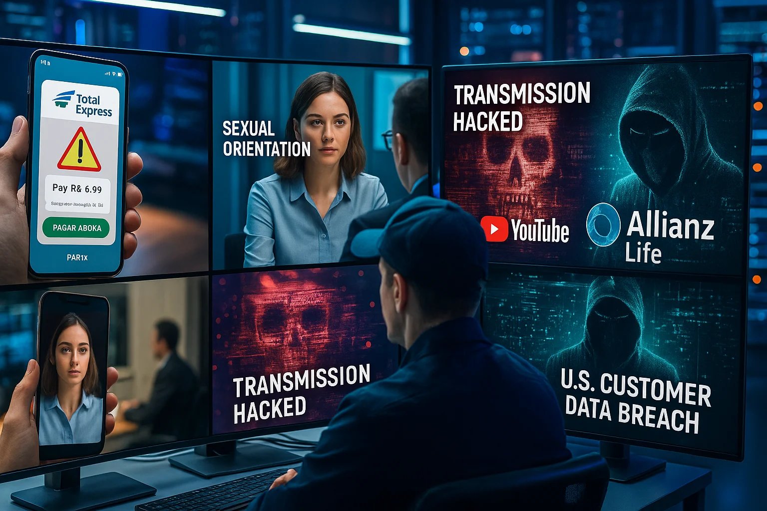 A imagem mostra um ambiente futurista de cibersegurança em um data center, onde um analista monitora múltiplos monitores com temas relacionados a crimes digitais e proteção de dados. À esquerda, aparece uma mensagem de golpe simulando a transportadora Total Express em um celular com pedido de pagamento falso. No centro, uma mulher participa de uma entrevista virtual com o texto “Sexual Orientation”, sugerindo violação de privacidade. À direita, dois monitores destacam invasões: um com o logotipo do YouTube e a mensagem “Transmission Hacked”, remetendo ao ataque à Record News; outro mostra um hacker encapuzado com o texto “U.S. Customer Data Breach” e o logotipo da Allianz Life, referindo-se ao vazamento de dados. As luzes em tons de azul e roxo e o visual detalhado criam uma atmosfera tensa e tecnológica.