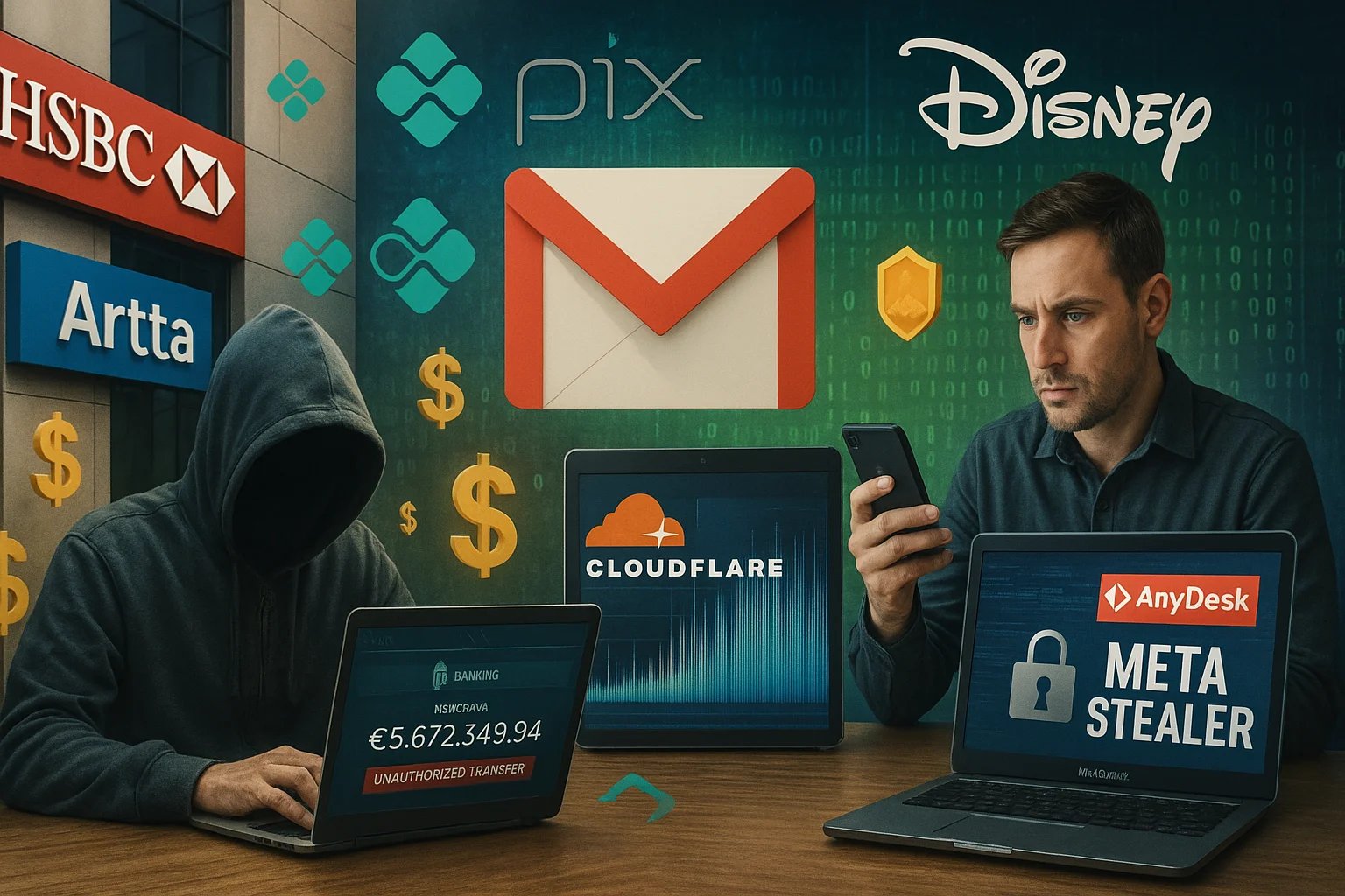 A imagem mostra uma cena fotorrealista sobre cibersegurança: um hacker realizando transações bancárias fraudulentas, referências ao HSBC, Artta e PIX, o logotipo do Gmail, a Cloudflare bloqueando ataques DDoS, um alerta de malware ligado ao AnyDesk/MetaStealer, e a Disney como símbolo de privacidade infantil. Elementos visuais como cifrões, cadeados e códigos digitais reforçam o tema de proteção de dados e crimes virtuais.