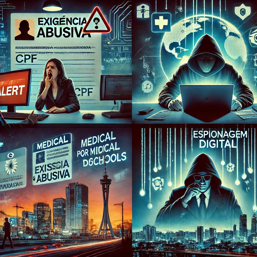 Imagem digital dividida em quatro cenas representando casos reais de violação de dados: um cliente entrega CPF com indignação em uma loja; documentos sensíveis flutuam sobre a cidade de Taubaté após um vazamento; um técnico de TI apaga arquivos propositalmente em um escritório escuro; e dois agentes operam laptops em um ambiente de espionagem entre Brasil e Paraguai. A arte mistura elementos futuristas com iluminação dramática e efeitos digitais.