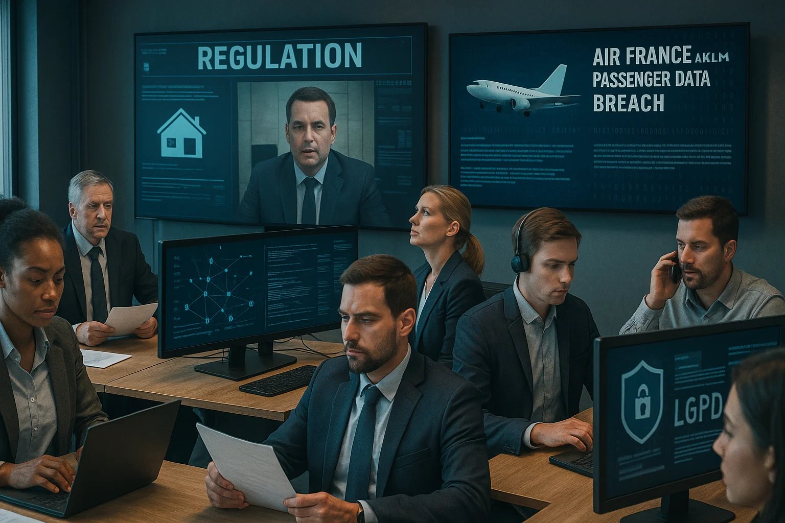 A imagem mostra um ambiente corporativo moderno com sete profissionais, vestidos de forma formal, trabalhando em um espaço equipado com diversos computadores e telas grandes na parede. Em uma das telas, aparece a palavra “REGULATION” acompanhada de um homem em vídeo e um ícone de casa. Outra tela exibe a mensagem “AIR FRANCE KLM PASSENGER DATA BREACH” junto a um avião. Monitores de mesa mostram gráficos de rede, documentos digitais e o símbolo de um cadeado com a sigla “LGPD”. As pessoas estão concentradas em suas tarefas — algumas digitando, outras lendo documentos, atendendo chamadas ou usando fones de ouvido — transmitindo um clima de reunião estratégica voltada para segurança da informação e proteção de dados.