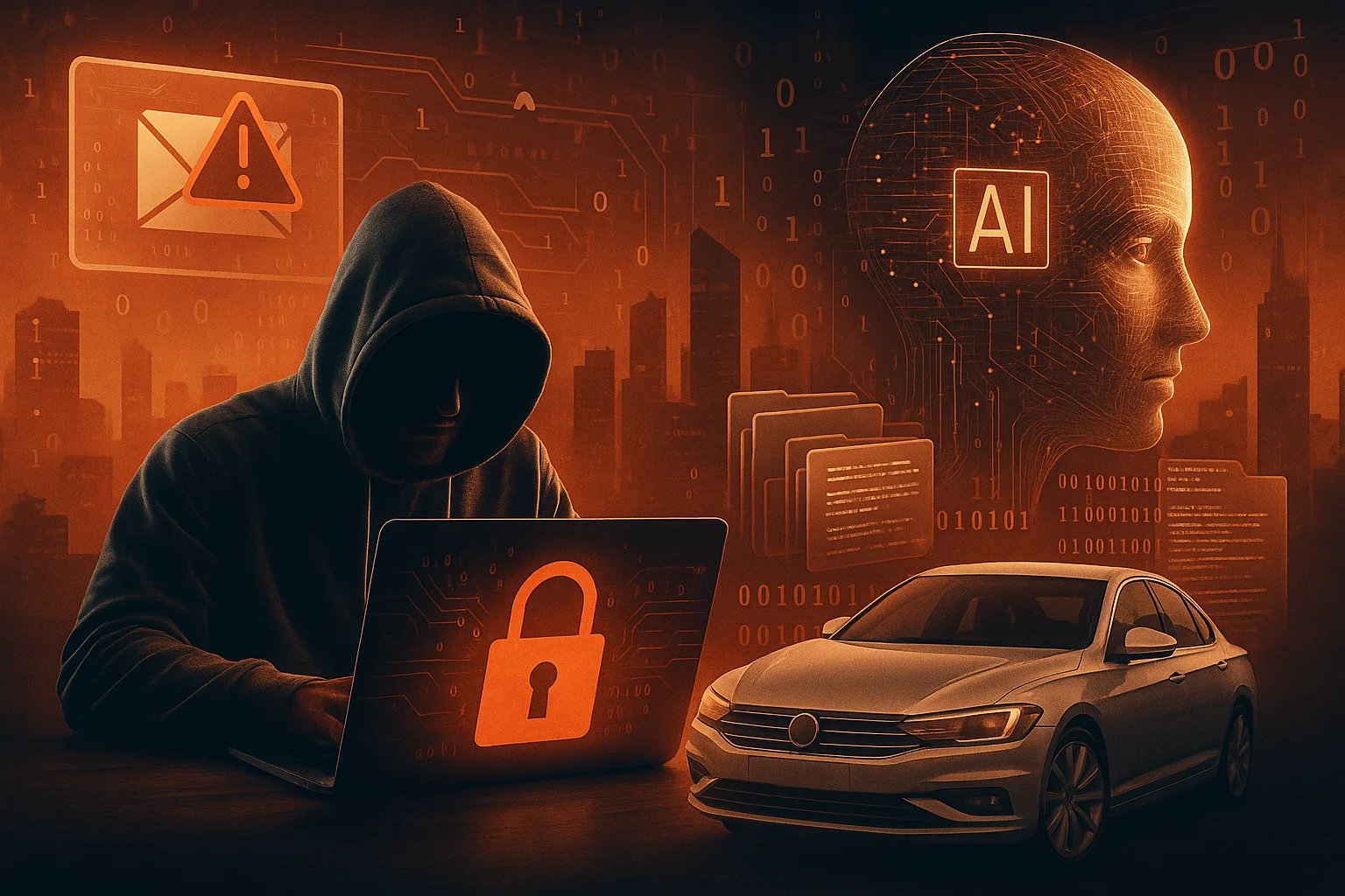 Hacker encapuzado em frente a laptop com cadeado digital, carro futurista e holograma de inteligência artificial em cenário urbano alaranjado.