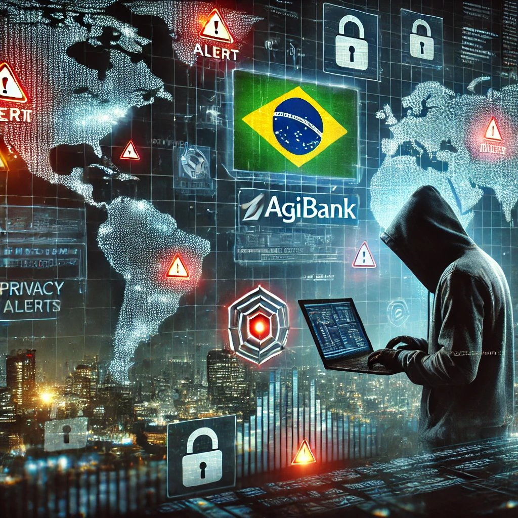 Imagem digital com estilo de notícia mostrando um hacker encapuzado tentando invadir o sistema do banco Agibank. Diversas telas com códigos e mensagens de alerta cercam o invasor. Um mapa do Brasil é destacado com ícones de cadeado vermelho, simbolizando riscos à privacidade e segurança digital no país. A imagem tem estética sombria e futurista, evocando uma sensação de ameaça cibernética iminente.