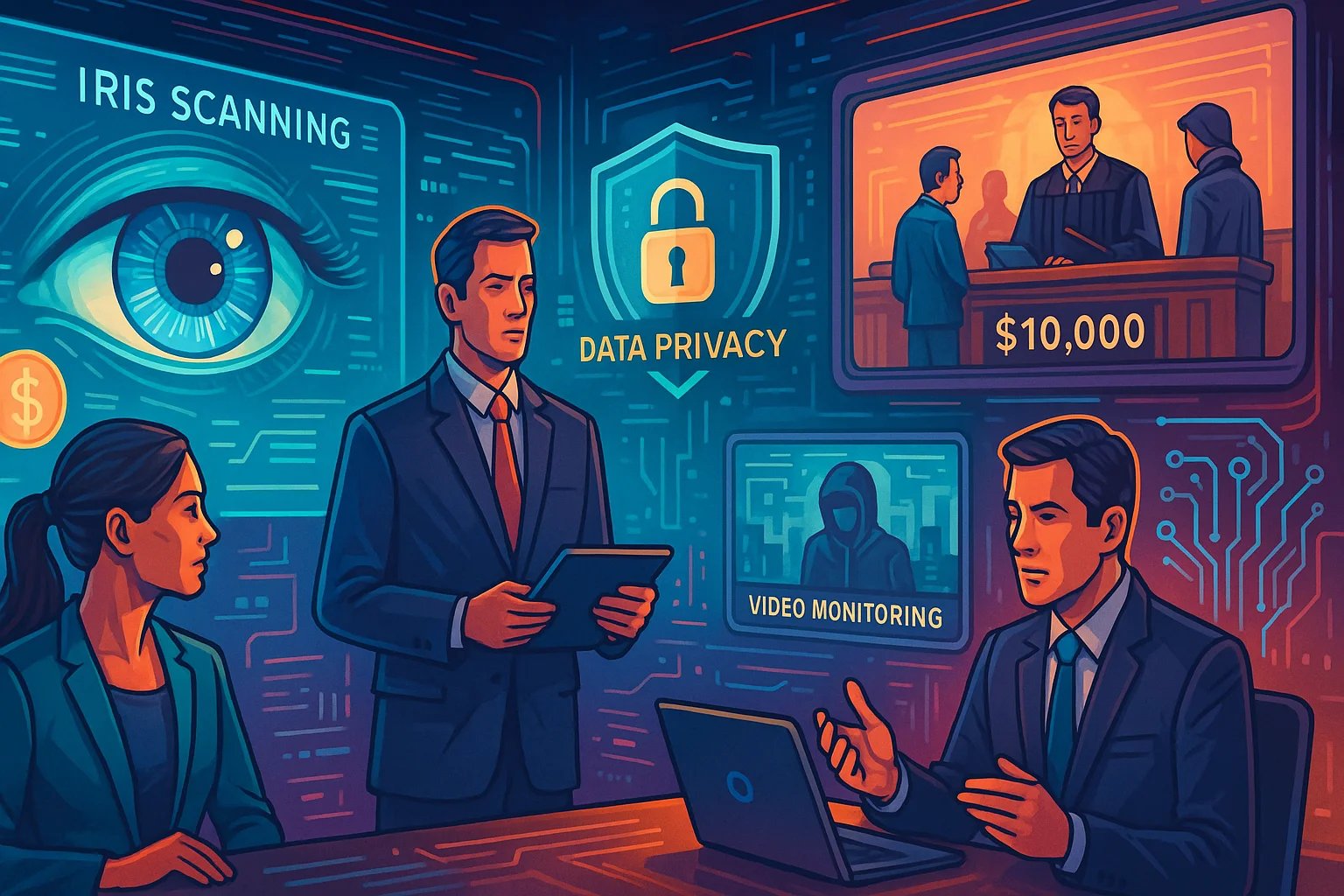 Ilustração futurista em estilo digital, colorida e horizontal, mostrando um ambiente tecnológico avançado. À esquerda, uma grande projeção de um olho simboliza a coleta biométrica de íris, acompanhada de ícones de dinheiro. Ao centro, um homem em terno segura um tablet diante de um escudo com o símbolo de cadeado e o texto “Data Privacy”. No canto superior direito, uma cena de tribunal com um juiz e valor de indenização de US$ 10.000. Abaixo, uma tela exibe um hacker encapuzado representando o videomonitoramento. À direita, outro homem em terno trabalha em um laptop, cercado por padrões de circuitos digitais. A paleta usa tons vibrantes de azul, laranja e roxo para transmitir inovação e vigilância.